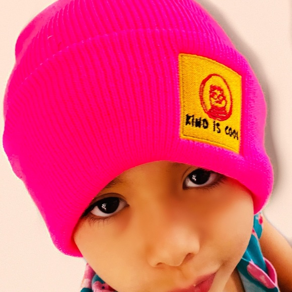 KIND IS COOL embroidered winter beanie hat with Pom Pom. Neon Pink. - Picture 2 of 2
